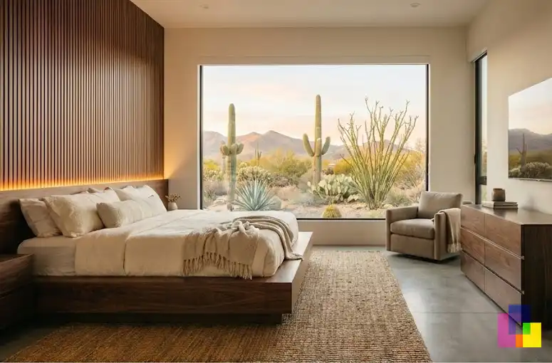 Master bedroom in Troon Retreat desert minimalism design, North Scottsdale, AZ